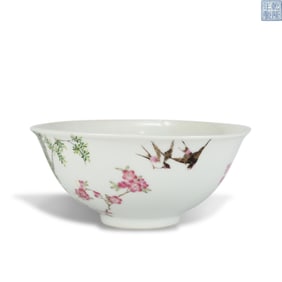 Qing Dynasty Qianlong period Enameled porcelain bowl with "Apricot Grove and Spring Swallows"