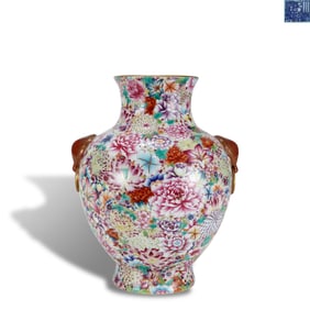 Qing Dynasty Qianlong period Famille rose double-handled zun with "hundred flowers without a ground"