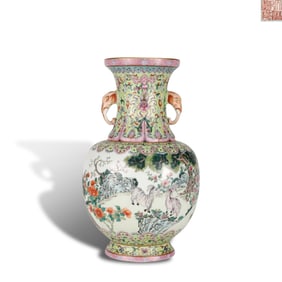 Qing Dynasty Qianlong period Famille rose vase with elephant handles??green ground with lotus