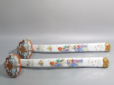 A PAIR OF QING DYNASTY FAMILLE ROSE RUYI SCEPTERS DEPICTING THE EIGHT IMMORTALS