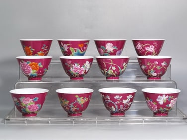 QING DYNASTY ROUGE RED AND PINK ENAMEL TWELVE FLOWER GODDESS CUP