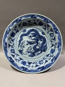 YUAN DYNASTY BLUE AND WHITE DRAGON PATTERN PLATE