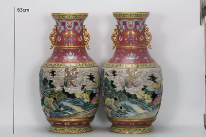 A PAIR OF QING DYNASTY ENAMEL PHOENIX-PATTERNED REVOLVING VASES