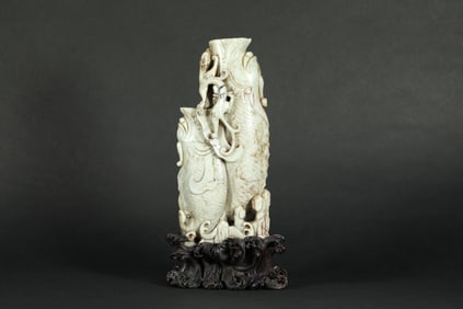 MING DYNASTY FIRE-FIRED JADE DOUBLE FISH FLOWER VASE