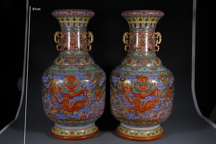 A PAIR OF QING DYNASTY ENAMEL DRAGON VASES