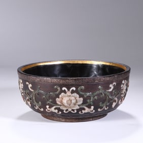 QING DYNASTY ROSEWOOD INLAID TREASURE BOWL