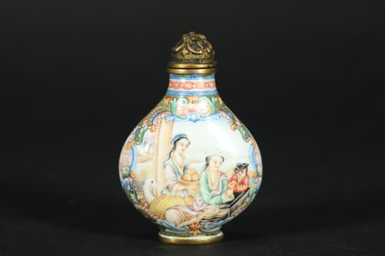 QING DYNASTY COPPER-BODIED PAINTED ENAMEL SNUFF BOTTLE