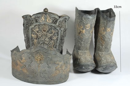 LIAO DYNASTY SILVER-GILT HAT, WAISTBAND, AND BOOTS