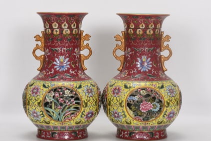 A PAIR OF QING DYNASTY ENAMEL OPENWORK VASES