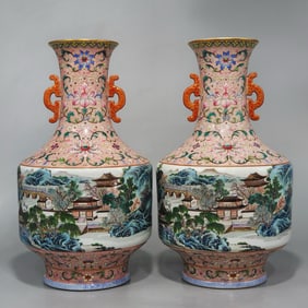 A PAIR OF QING DYNASTY ENAMEL LANDSCAPE VASES