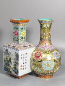 A QING DYNASTY ENAMEL-PAINTED CONJOINED VASE