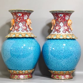 A PAIR OF QING DYNASTY JUN-GLAZED ENAMEL REVOLVING VASES