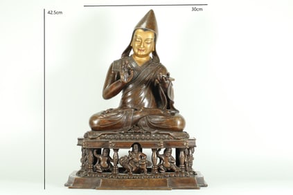 MING DYNASTY BRONZE INLAID SILVER GURU STATUE