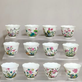 A SET OF TWELVE FLOWER GODDESS CUPS FROM THE QING DYNASTY