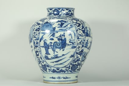 MING DYNASTY BLUE AND WHITE PORCELAIN JAR WITH FIGURES