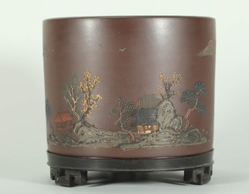 QING DYNASTY ZISHA (PURPLE CLAY) BRUSH HOLDER WITH ADDED VEGETABLES