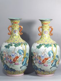 A PAIR OF QING DYNASTY ENAMEL-PAINTED FIGURE VASES