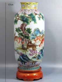 QING DYNASTY ENAMEL PINE AND DEER VASE