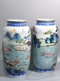 A PAIR OF BLUE AND WHITE FAMILLE ROSE LANDSCAPE LANTERN VASES FROM THE QING DYNASTY