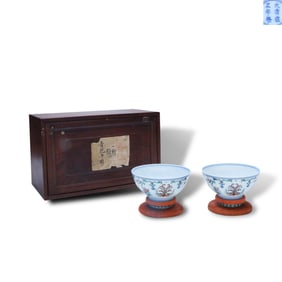 Yongzheng period Qing Dynasty Pair of doucai bowls with honeysuckle vine motifs