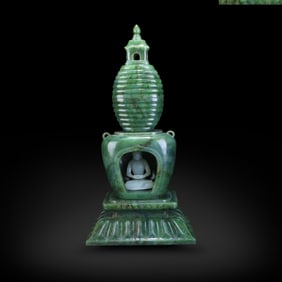 Qianlong period, Qing Dynasty Hetian green jade stupa and Hetian white jade Buddha statue
