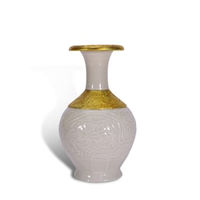 Song Dynasty Ding kiln white-glazed vase with incised floral patterns, gilded and inlaid with metal