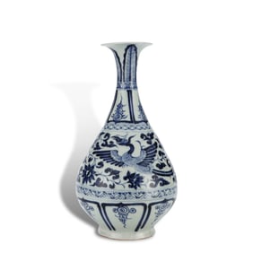 Yuan Dynasty Blue-and-white yuhuchun vase with phoenix-through-flower patterns