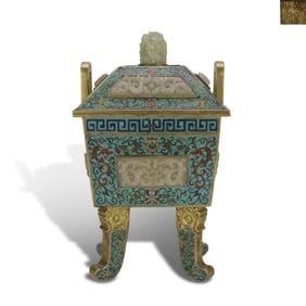 Qing Dynasty Qianlong period,  Cloisonn?? ding-shaped censer inlaid with jade dragon patterns