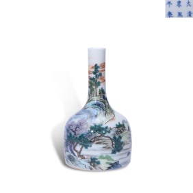 Qing Dynasty Kangxi period, Wucai rattle-shaped zun with landscape patterns
