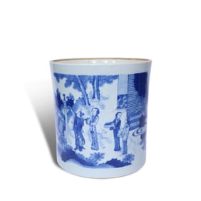Qing Dynasty Kangxi period, Blue-and-white brush pot with figure story patterns
