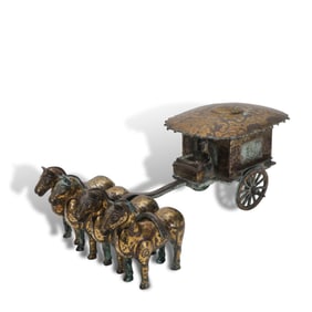 Han Dynasty Bronze chariot and horse figurines inlaid with gold and silver