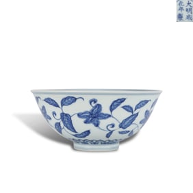 Ming Dynasty Chenghua period,  Blue-and-white palace bowl with gardenia flower patterns