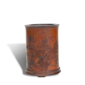 Early Qing Dynasty Bamboo brush pot with "liqing" landscape, figures, and poems, made by Zhang