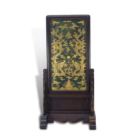 Qing Dynasty Hetian jasper table screen with gilded double-dragon-playing-pearl and landscape