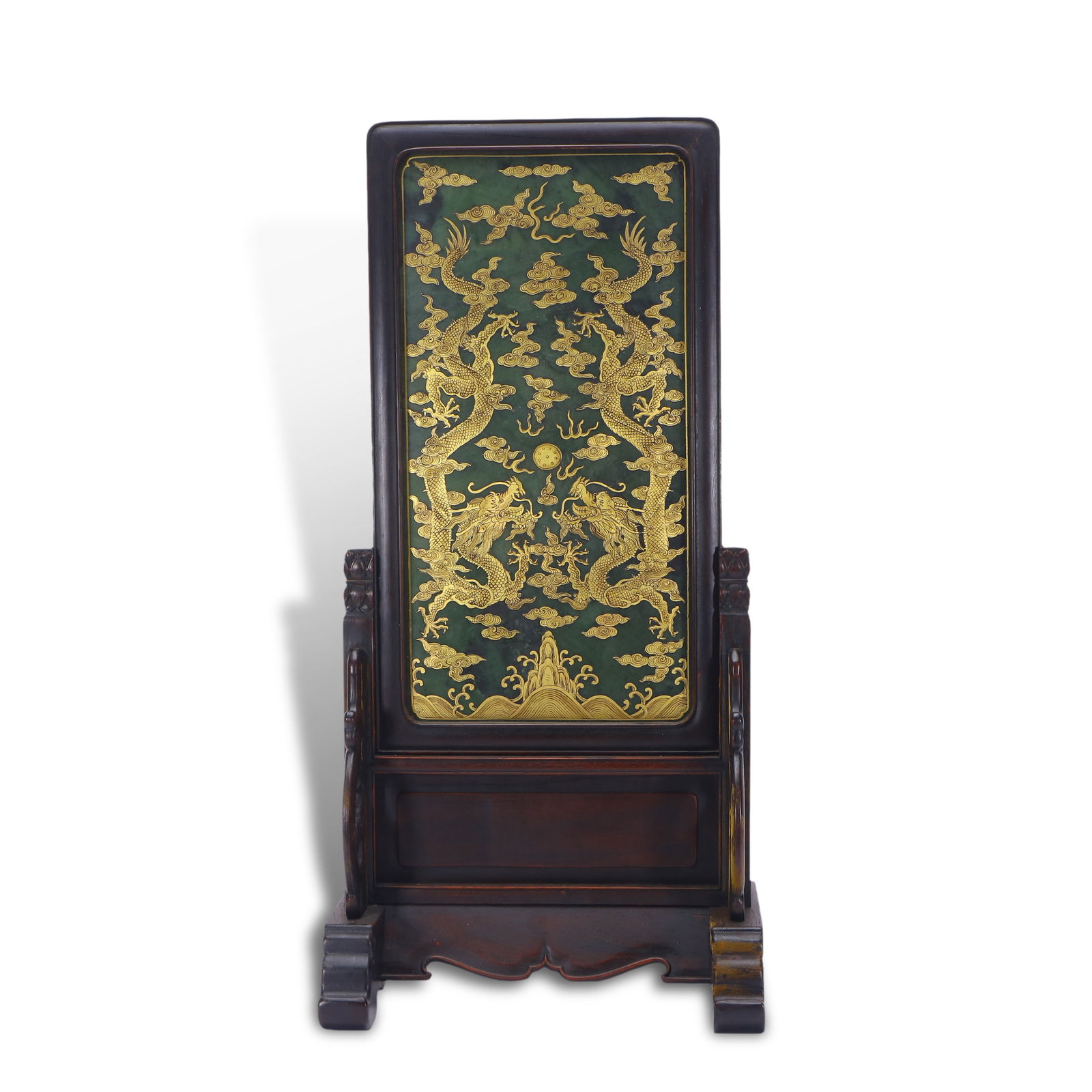 Qing Dynasty Hetian jasper table screen with gilded double-dragon-playing-pearl and landscape: Name Qing Dynasty Hetian jasper table screen with gilded double-dragon-playing-pearl and landscape patterns Dimensions H:54cm W:26.2cm Condition Additional photographs and condition