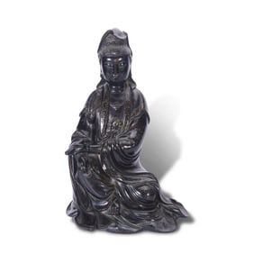Qing Dynasty Zitan wood Avalokite?vara statue holding a scroll, inlaid with silver wire