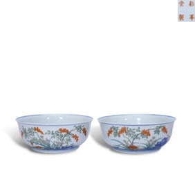 Qing Dynasty Qianlong period, A pair of Doucai bowls marked "Caihua Tang", decorated with "immortals