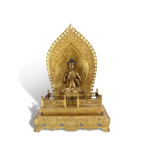 Qing Dynasty Gilt-bronze Sakyamuni Buddha statue with halo