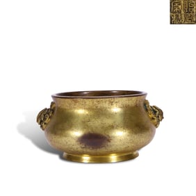 Qing Dynasty Gilt-bronze censer with double lion ears, marked "Yiwu Family Collection"