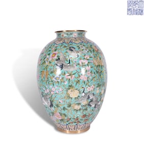 Qing Dynasty Qianlong period, Enamel-on-copper jar with crane and "three abundances" patterns