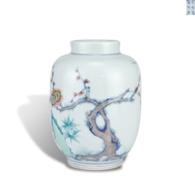Qing Dynasty Kangxi period Small doucai jar with bamboo, rock, and plum blossom