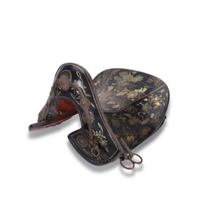 Qing Dynasty Lacquer saddle with gilded and painted "immortals celebrating longevity" patterns