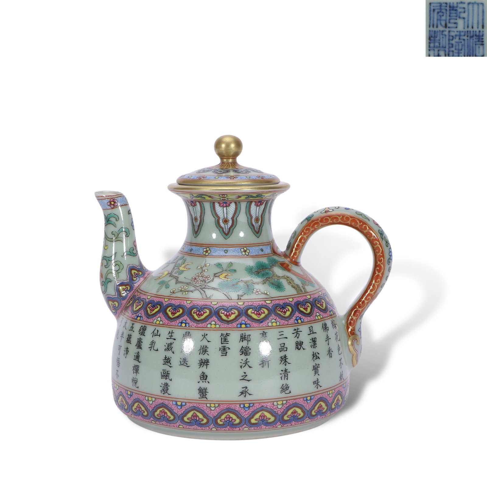 Qing Dynasty Qianlong period, Foreign-color enameled teapot with celadon ground, inscribed with: Name Qing Dynasty Qianlong period, Foreign-color enameled teapot with celadon ground, inscribed with imperial poems about Sanqing tea Dimensions H:13.8cm W:14.5cm Condition Additiona
