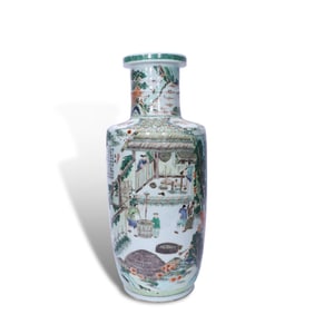 Qing Dynasty Kangxi period, Wucai mallet-shaped vase with "plowing and weaving" scenes