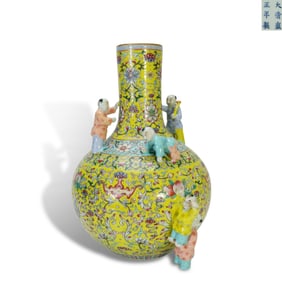 Qing Dynasty Yongzheng period, Famille rose vase with relief "children at play" patterns and