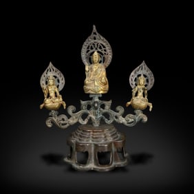 Tang Dynasty Silver-gilt statue of one Buddha and two Bodhisattvas
