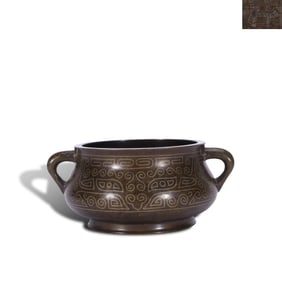 Ming Dynasty Xuande period, Bronze censer with you-shaped ears, inlaid with silver wire taotie