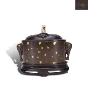 Qing Dynasty Bronze sprinkled-gold censer with double elephant ears, marked "Collection of Zhang
