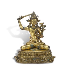 Qing Dynasty Gilt-bronze Manjushri Bodhisattva statue inlaid with turquoise