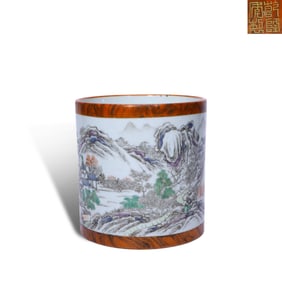 Qing Dynasty Qianlong period, Wood-patterned glazed brush pot with reserved landscape panels
